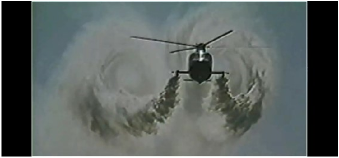 Visualisation of the wake vortices behind an S-76A helicopter in forward flight with smoke generators from the FAA (1996) flight tests.