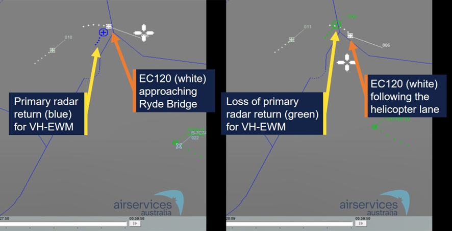 Primary radar return on the left and loss of primary return on the right for VH-EWM.