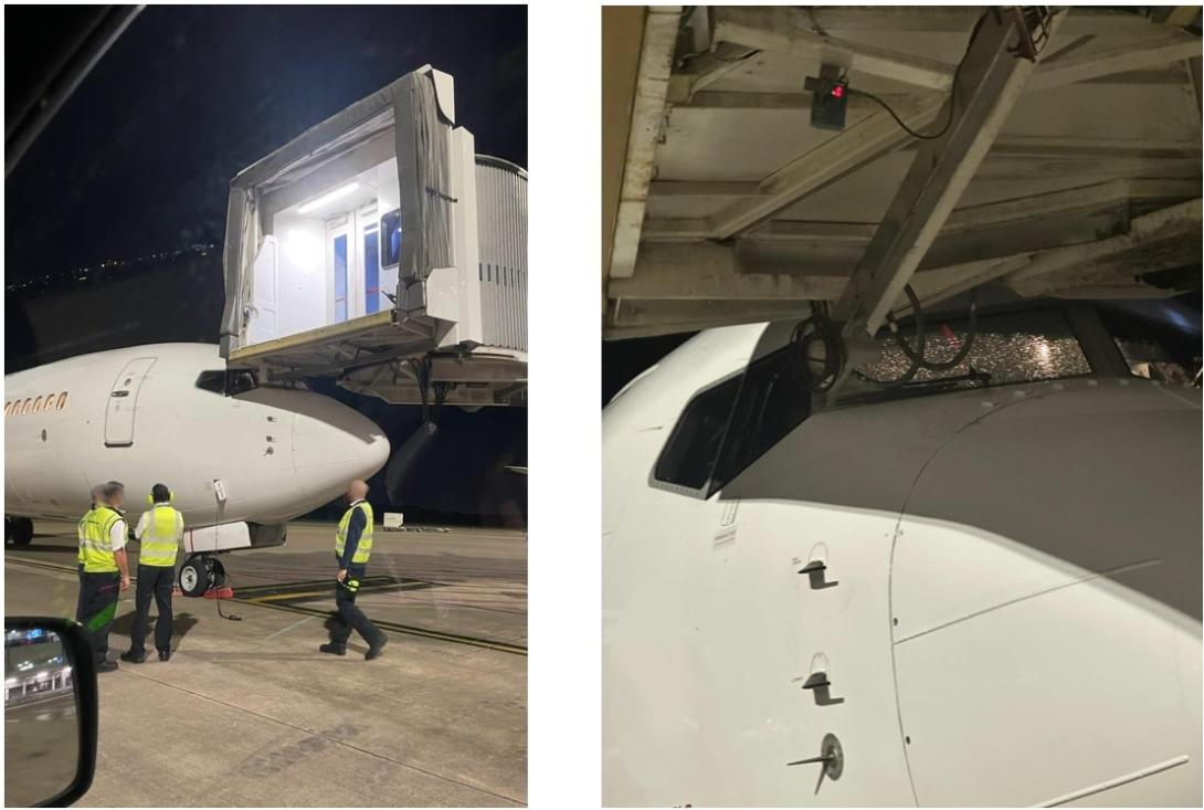 Two image - left image shows the aerobridge position, the right image shows the aerobridge impact with aircraft