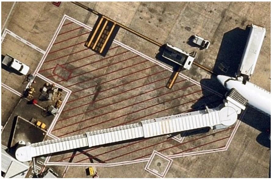 This image shows the aerobridge docked to a Boeing 737 aircraft. The aerobridge is situated in an east-north-east position, about 30 metres laterally from the home position.