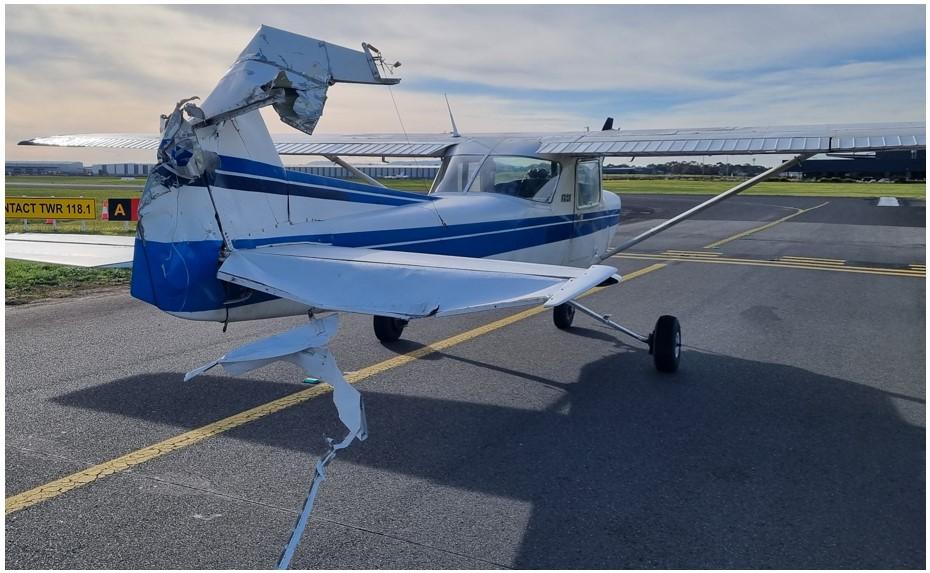 Photo showing post-incident damage to the Cessna 152