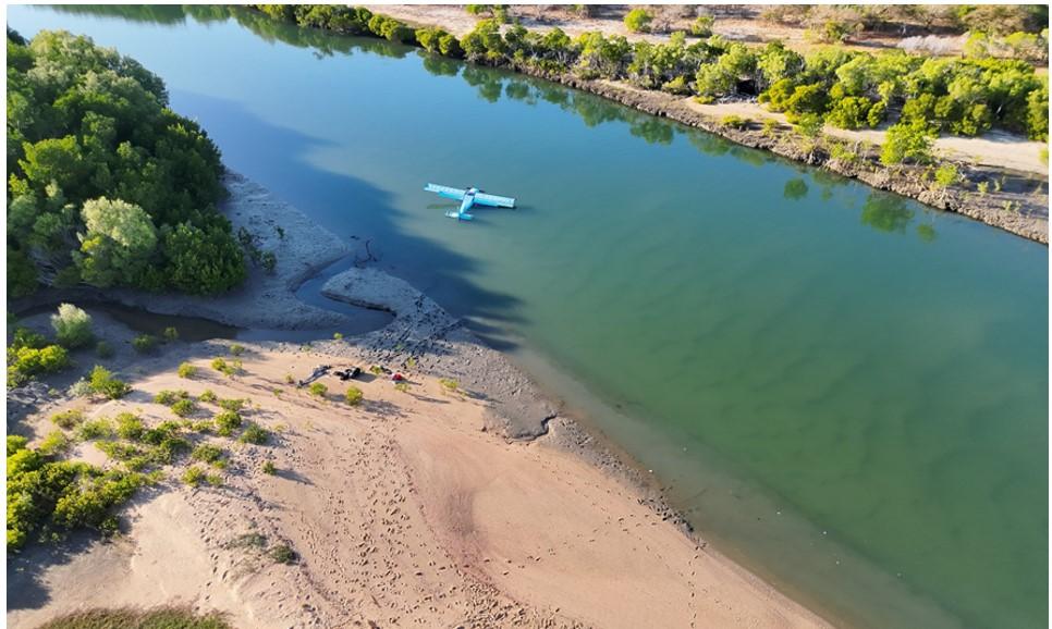 Figure 2: Aircraft final location after being moved by incoming tide, partially submerged 