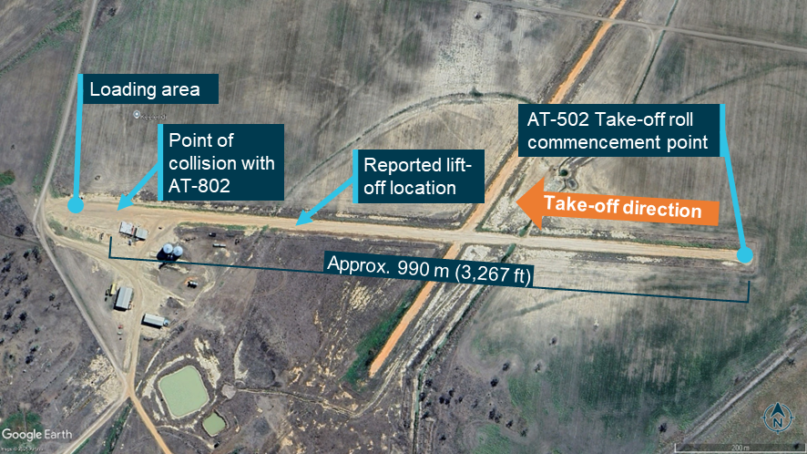 Operating airstrip showing reported take-off, landing and collision points.