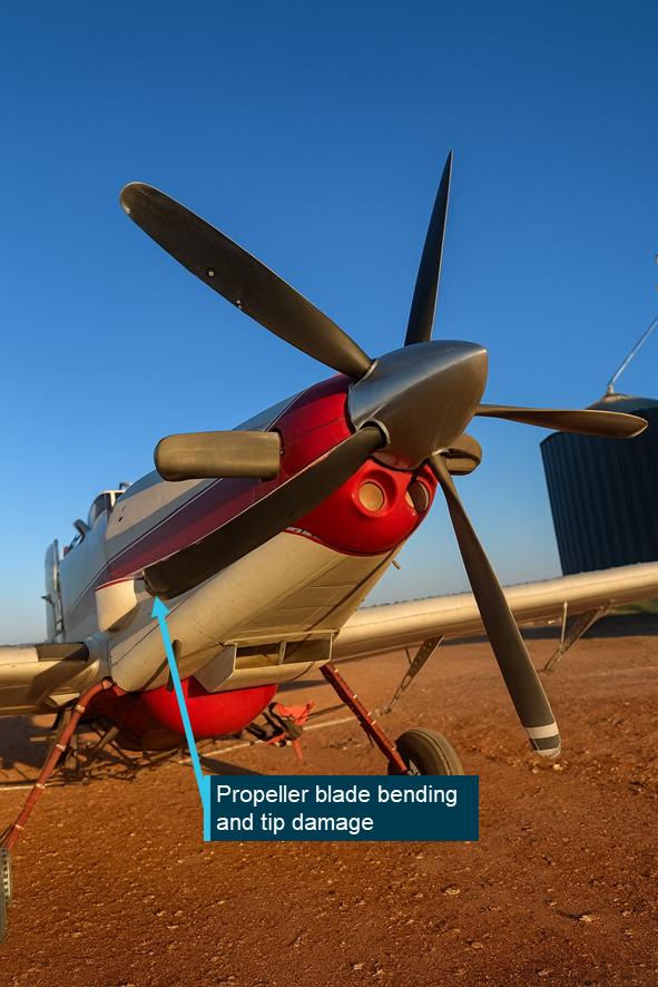 AT-802 showing propeller blade bending and tip damage.