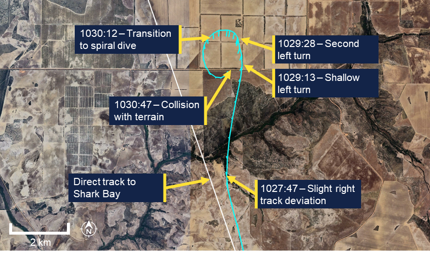 Google Earth view of the last 3 minutes of the flight, including the left turn and transition to left spiral dive.