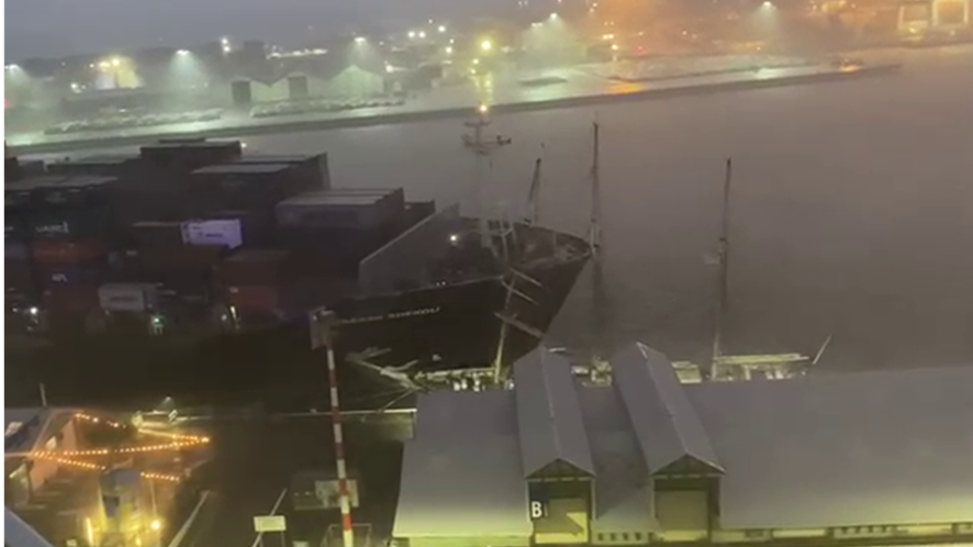 Container ship Maersk Shekou collides with the berthed tall ship STS Leeuwin II at the Port of Fremantle in August 2024.