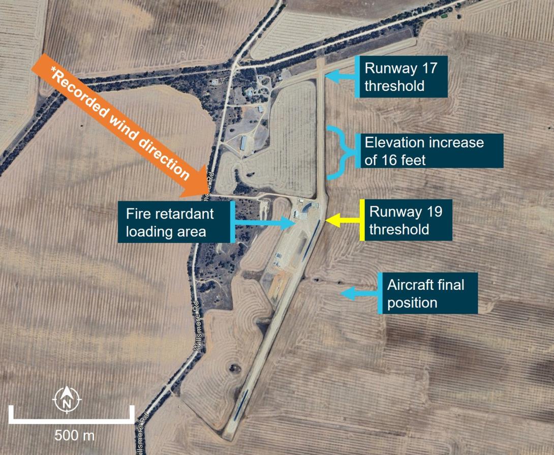 Google Earth image of Linga Airbase. Labels indicate the threshold's of runway's 17 and 19, an increase in elevation on runway 17, the fire retardant loading area and final position of the aircraft.