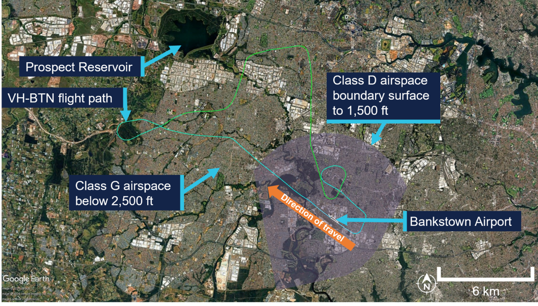 The image shows the aircraft's flight path and highlights areas of interest which are used in the report. These areas include, the change in airspace type, Bankstown Airport, and Prospect reservoir.