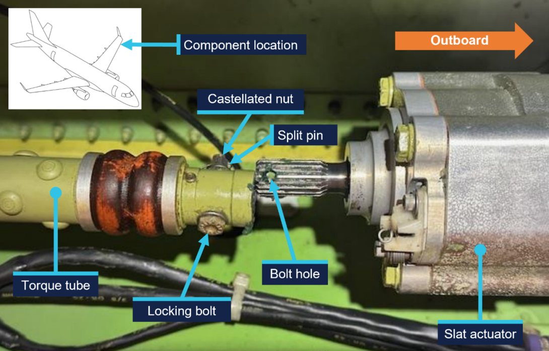 A picture taken after the occurrence flight showing the left wing outboard actuator for slat number 4 and the disconnected torque tube.