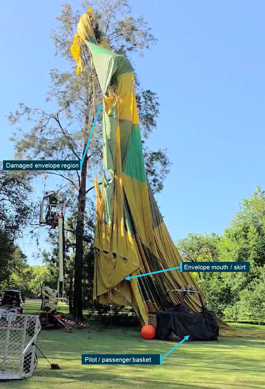 Entangled balloon envelope after landing