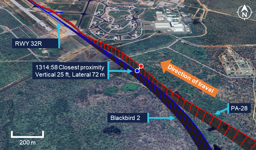 Image showing the tracks of both the PA-28 and the F-35, Blackbird 2, approaching Tindal. The point at which the closes proximity occurred is highlighted.