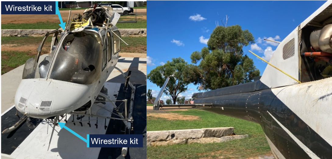 Pictures showing damage to helicopter and location of wirestrike kit. 