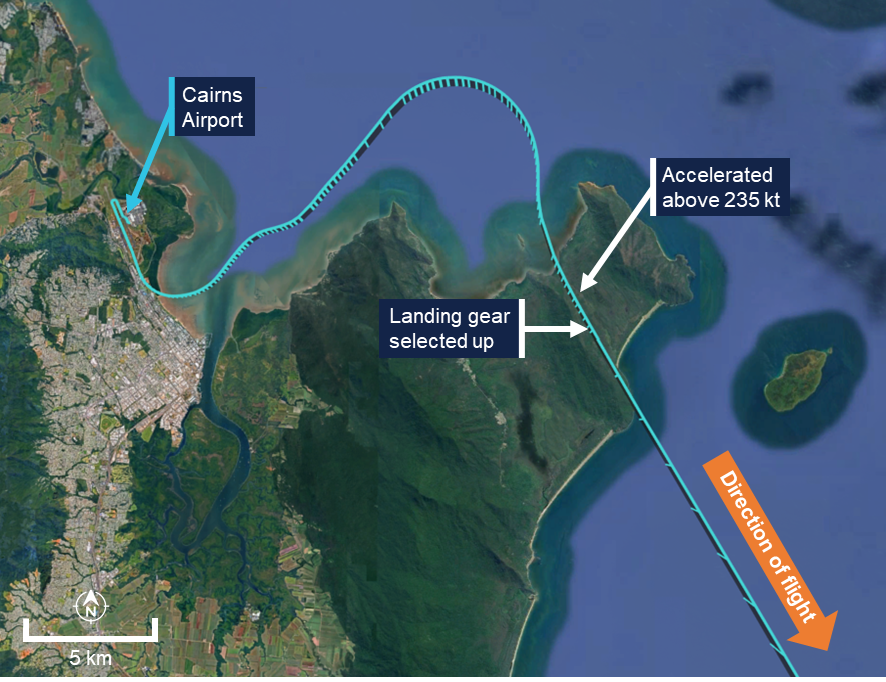 The recorded data of the departure flight path is overlaid a satellite image. The location of the landing gear overspeed is annotated.