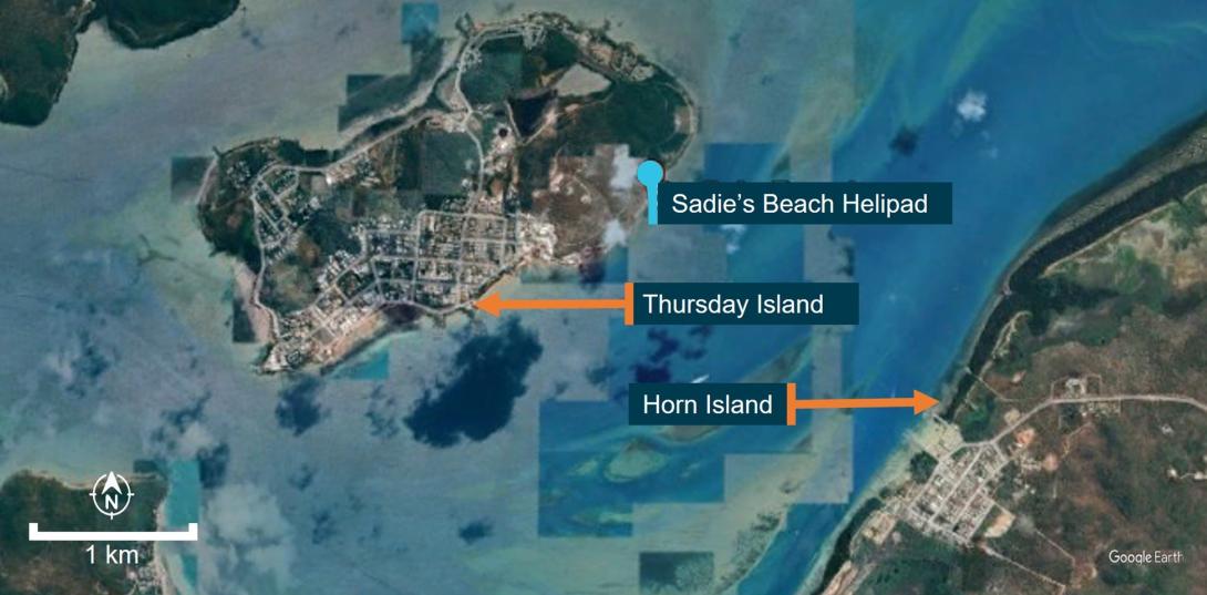 Image of Thursday and Horn Island showing Sadie's Beach Helipad from which the helicopter had just taken off.
