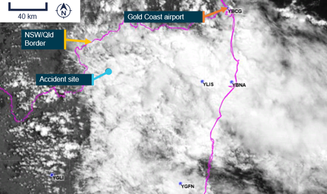 Satellite cloud imagery at 1000 EST (14 minutes after the accident).