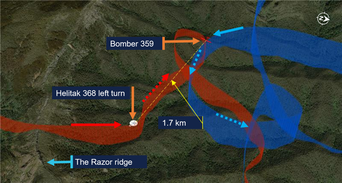 Helitak 368’s flight path (in red) and Bomber 359’s flight path (in blue). 